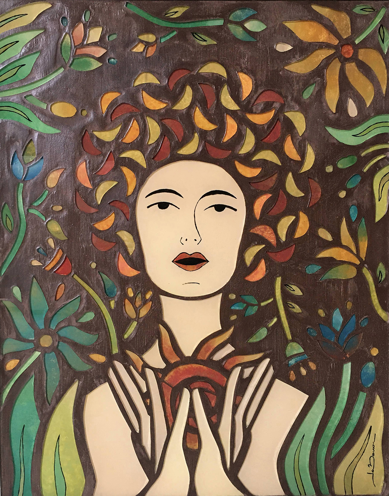 Ju Barros – Luz de Padma – 40cm x 50cm – mosaico com pintura em vidro – 2019