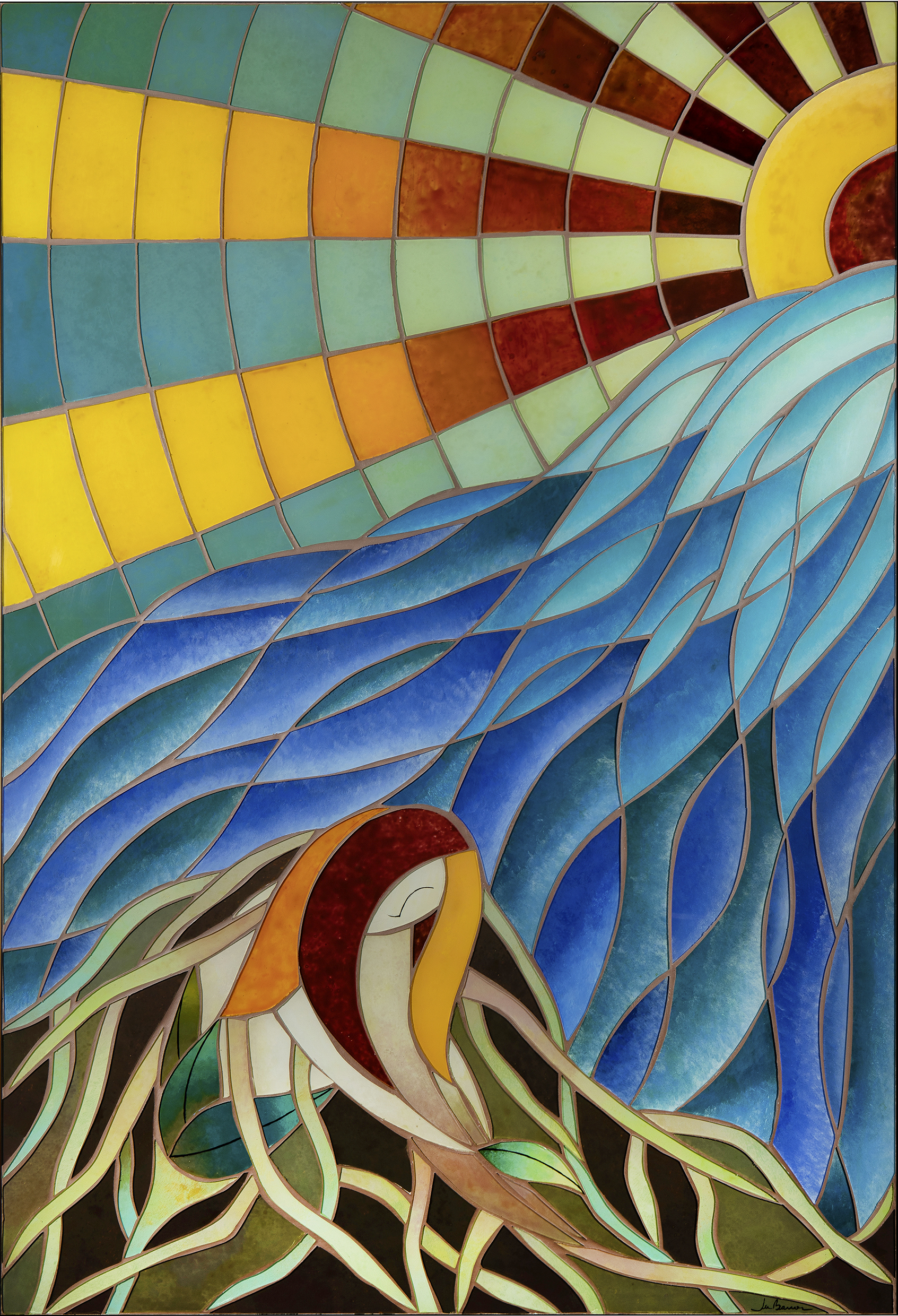 Ju Barros – Oppressus – 110cm x 75cm – mosaico com pintura em vidro – 2023