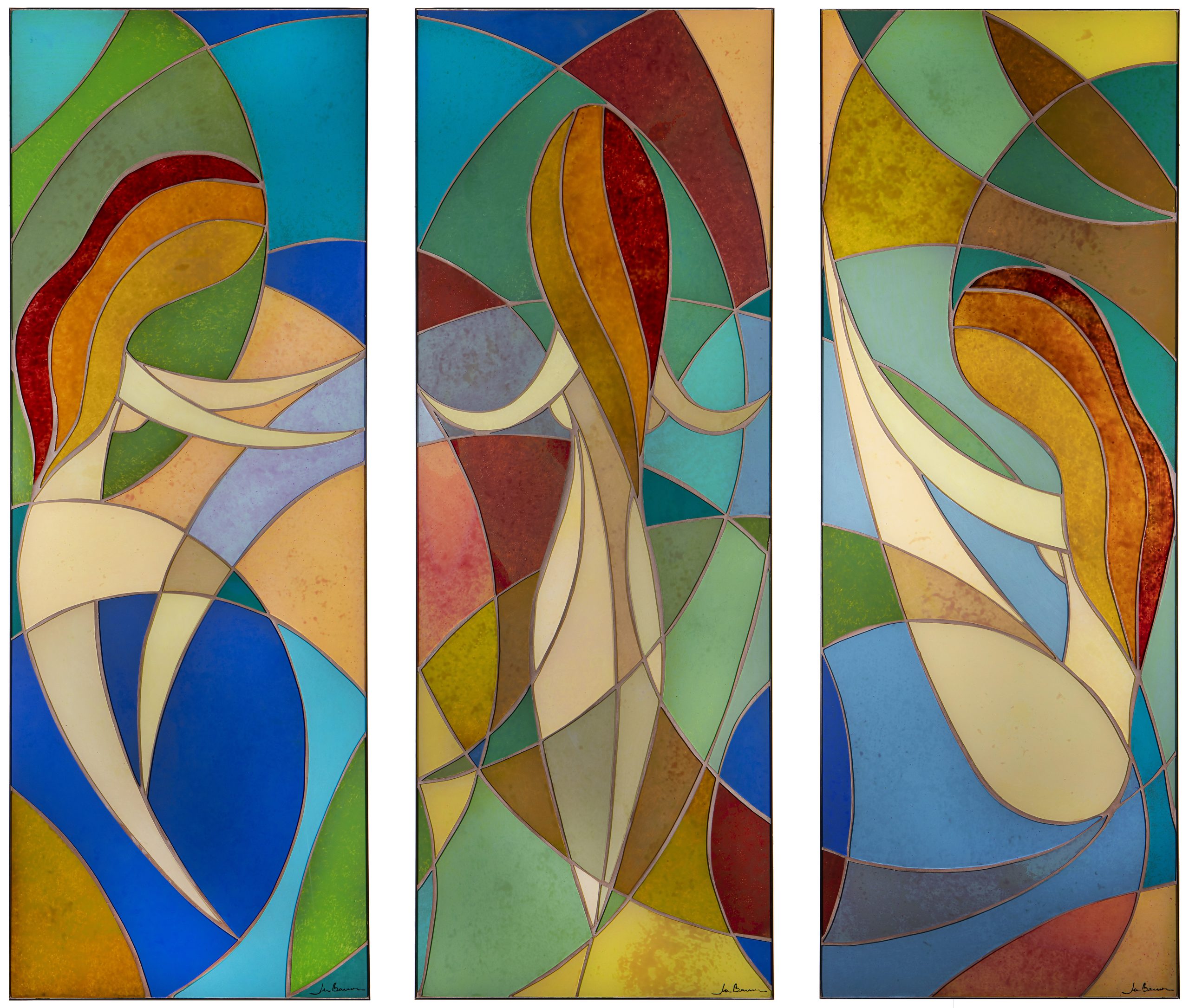 Ju Barros – Tríptico Caminhos – 110cm x 40cm cada peça – mosaico com pintura em vidro – 2023